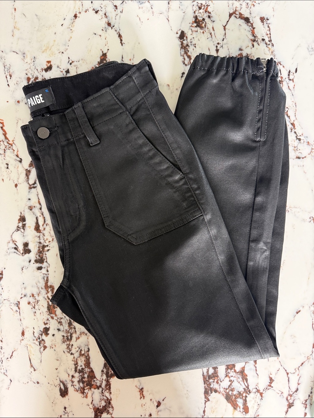 PAIGE Black Coated Denim Jogger Pants with Elastic Ankles